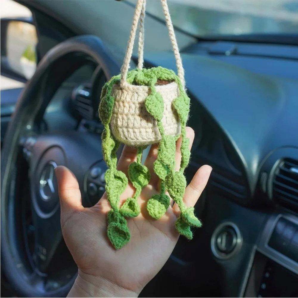 Handmade Woven Plant Pot Yarn Knit Car Mirror/Wall Hanging Cute Garden Accessory - Picture 2 of 5